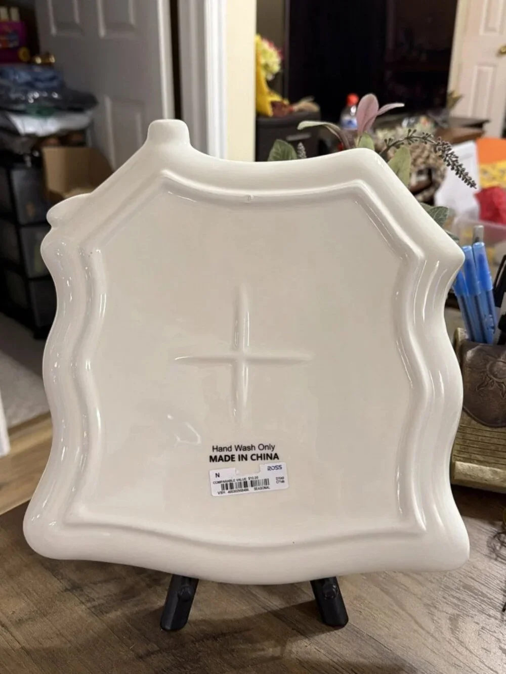 Black & Purple Ceramic Haunted House Serving Plate, Black Cat & White Spiderweb